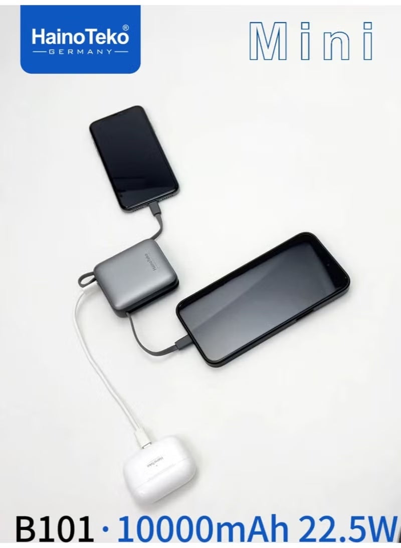 Haino Teko B101 Mini Portable 10000mAh Power Bank with 22.5W Quick Charge, Built-in Type-C & Lightning Cables, Slim Travel Design, Silver, Reliable Backup Power for Smartphones - Image 4